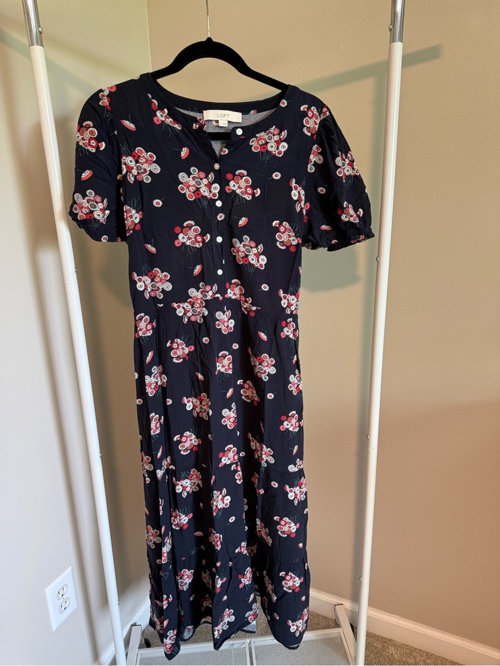 LOFT Navy Floral Button-Front Dress Top